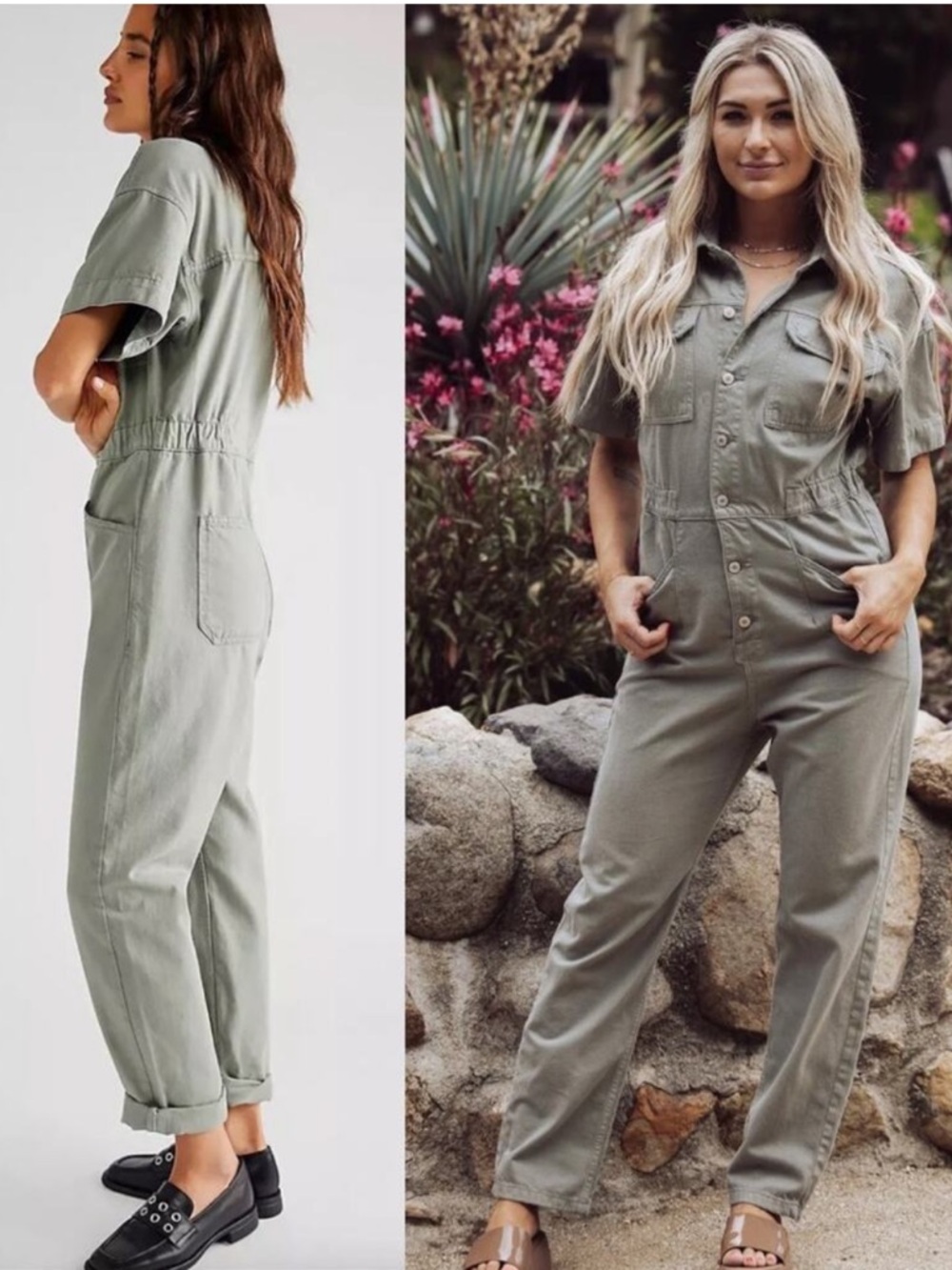 Free People We the Free Marci Coverall Utility Jumpsuit Washed Army Sz M Grunge